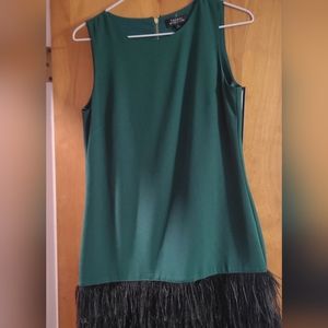 Beautiful Tahari Sleeveless Green Dress With Black Feathers on the Bottom